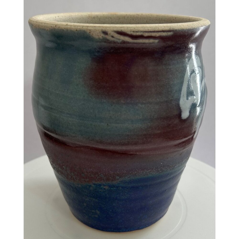 Handmade Pottery Vase Planter Abstract Glaze Blue & Burgundy Tones 7" Signed GT - Picture 2 of 9